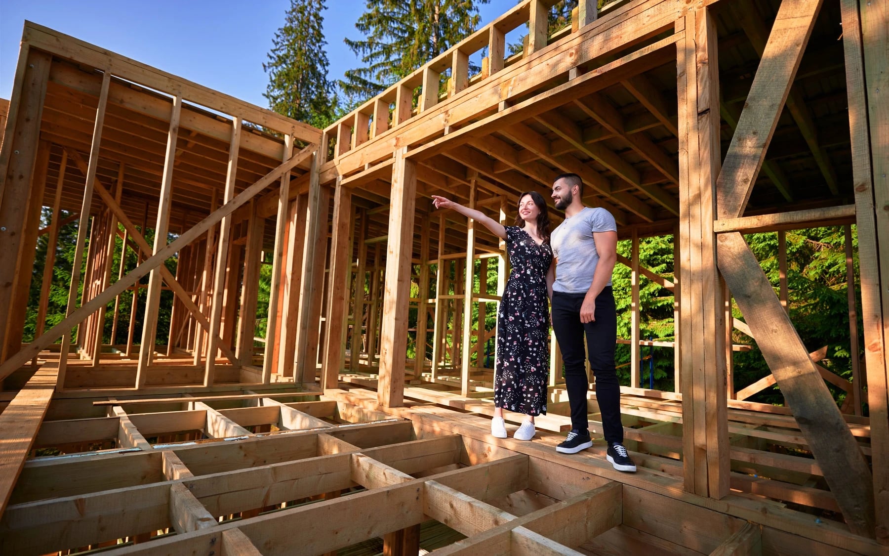 A custom home framed during early construction